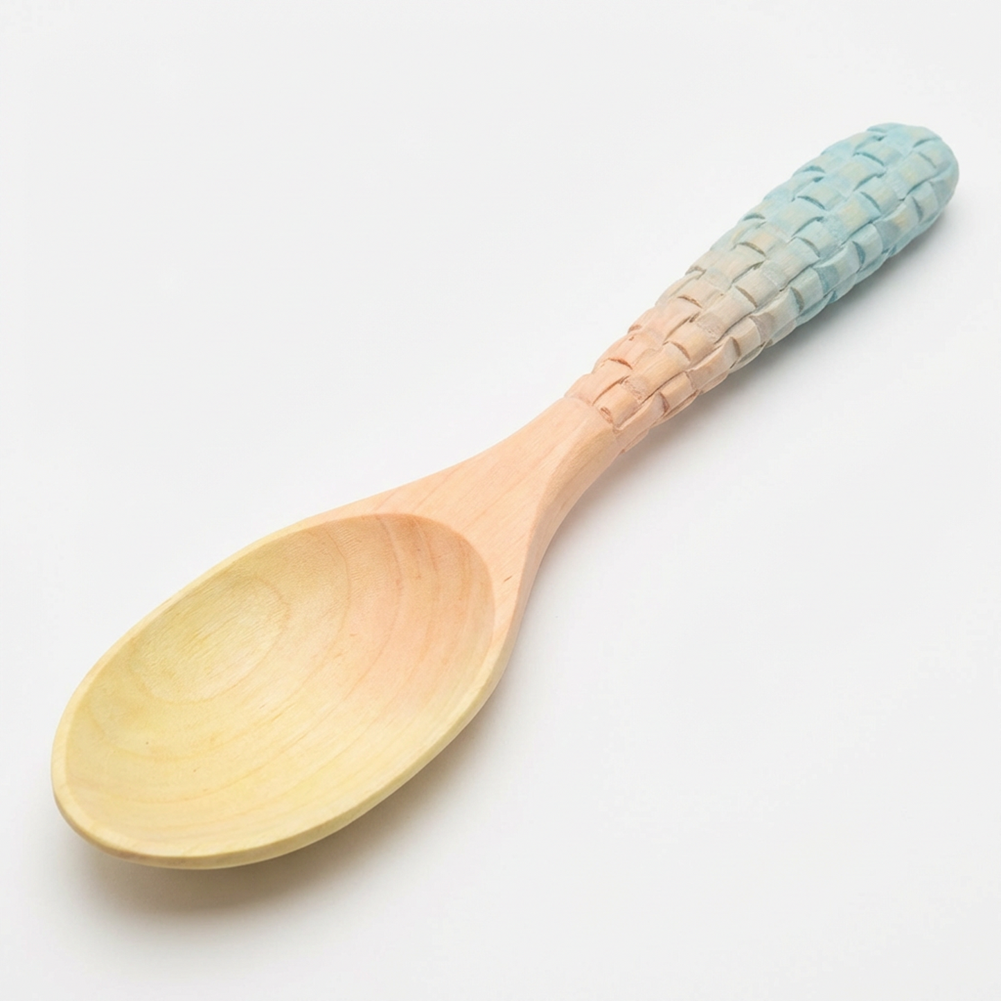 Hand-Carved Wooden Spoon – Textured Woven Handle with Blue Ombre Finish, Kitchen Serving Spoon (Coastal Style)