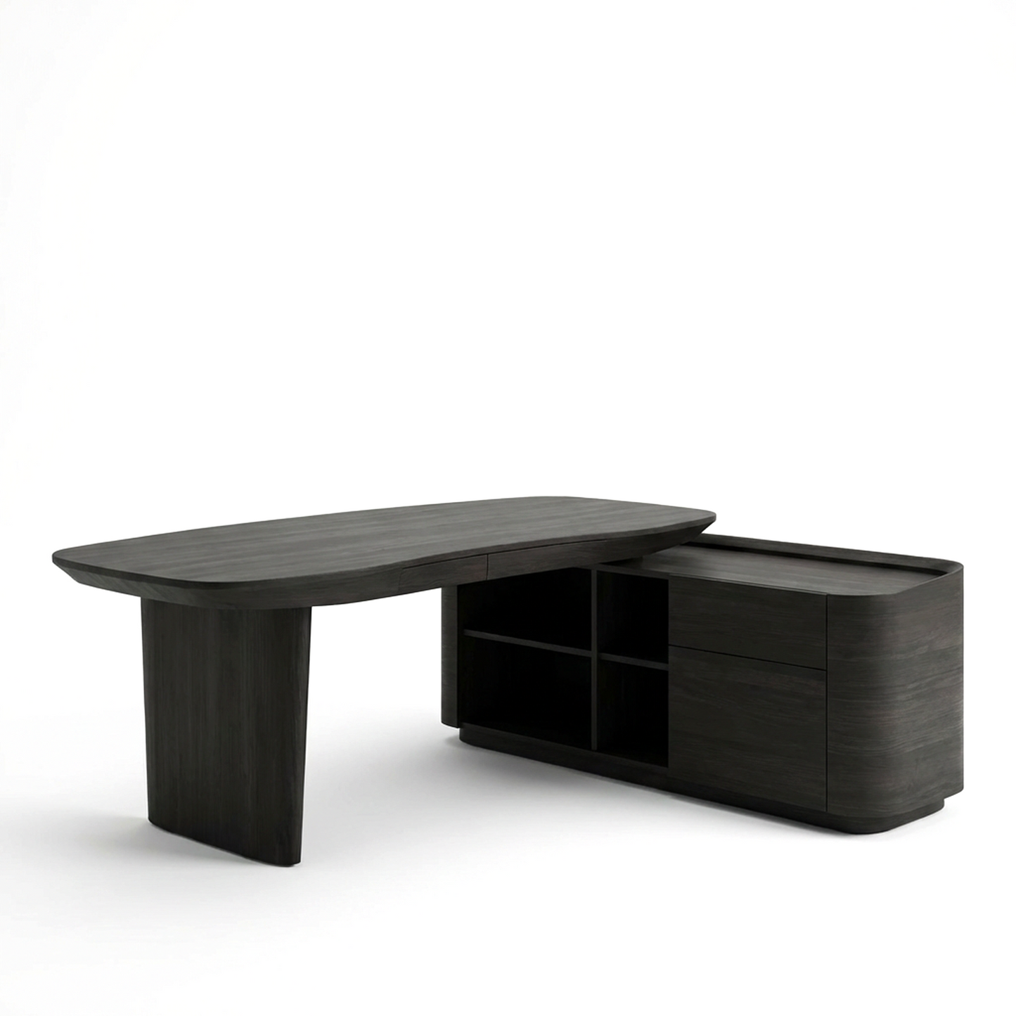 Modern Executive Desk with Storage – Black Wood Writing Desk with Side Cabinet, Rounded Edge Office Desk with Shelves & Drawers