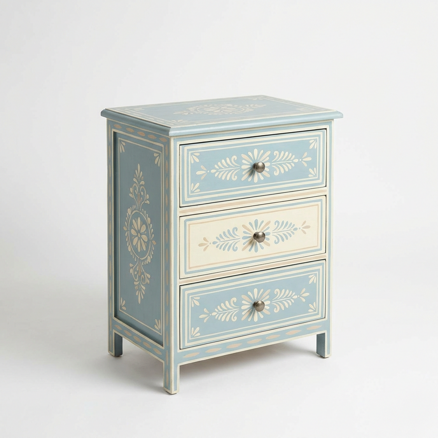 3-Drawer Nightstand – Hand-Painted Blue & Cream Accent Chest with Floral Motif, Vintage French Country Bedside Table