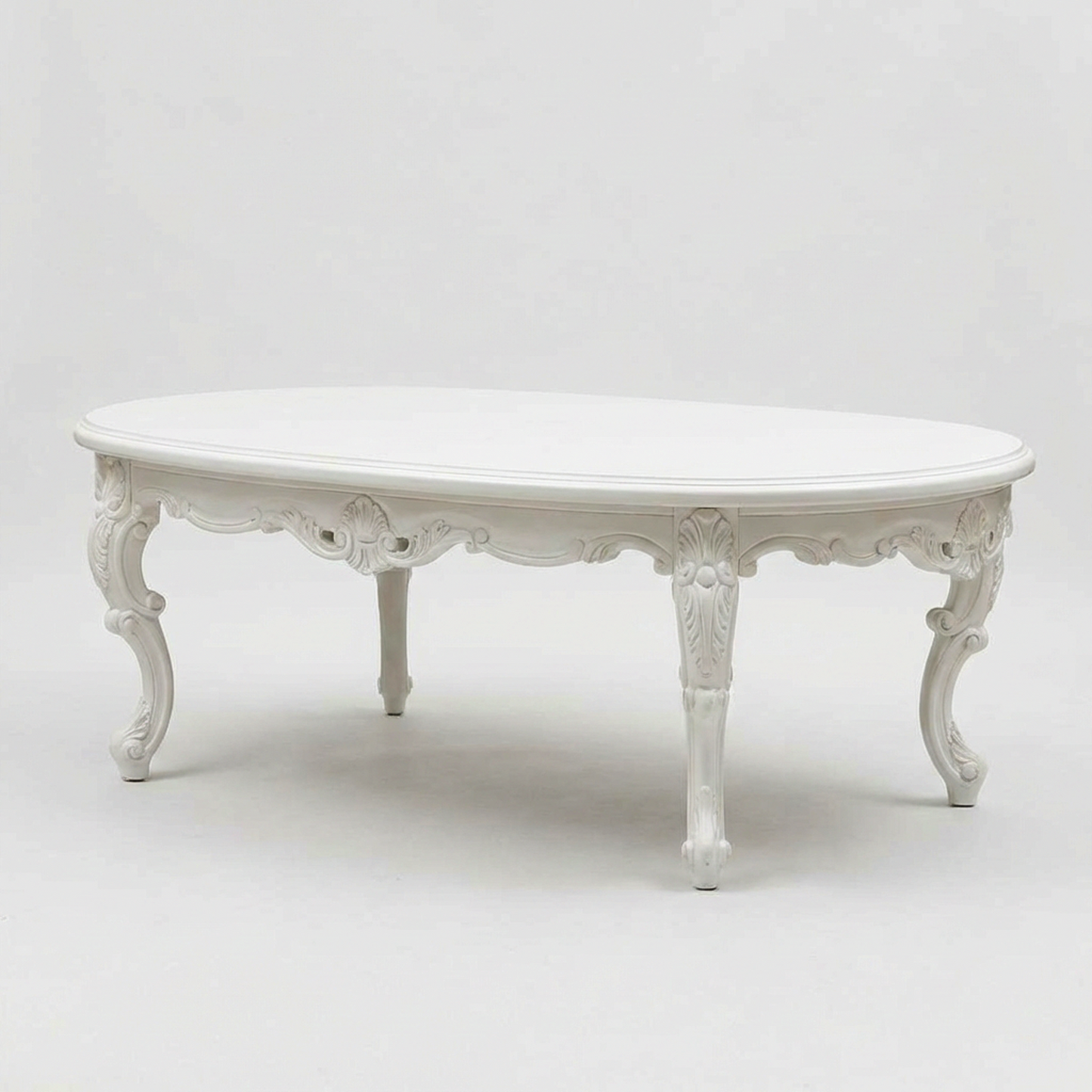 French Vintage Oval Coffee Table – Ornate Carved White Center Table with Cabriole Legs, Shabby Chic Living Room Table