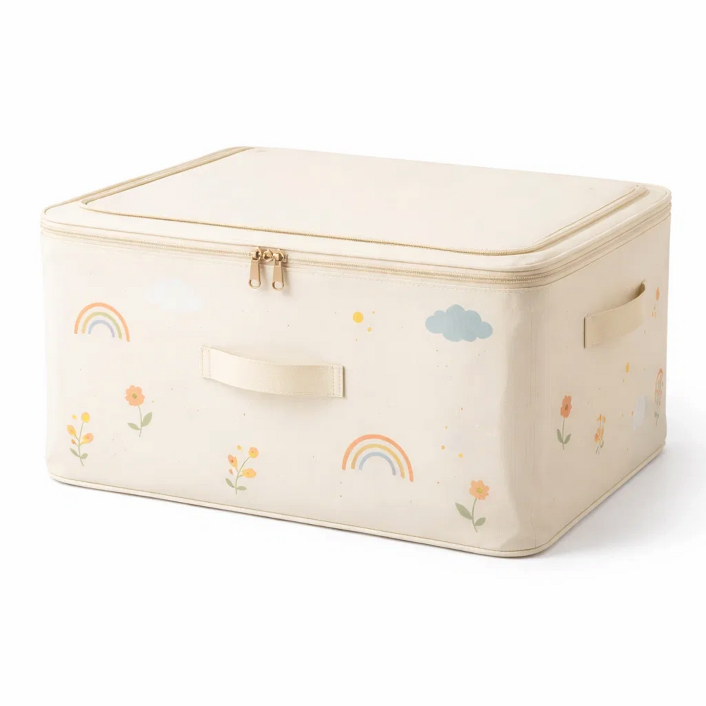 Foldable Fabric Storage Bin with Lid – Zippered Clothes & Toy Organizer Box, Rainbow Print Closet Storage (Cream White)