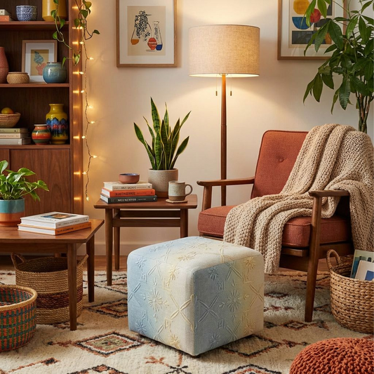 Embroidered Cube Pouf Ottoman – Blue & Cream Ombre Upholstered Footstool, Soft Square Floor Seat Accent Stool