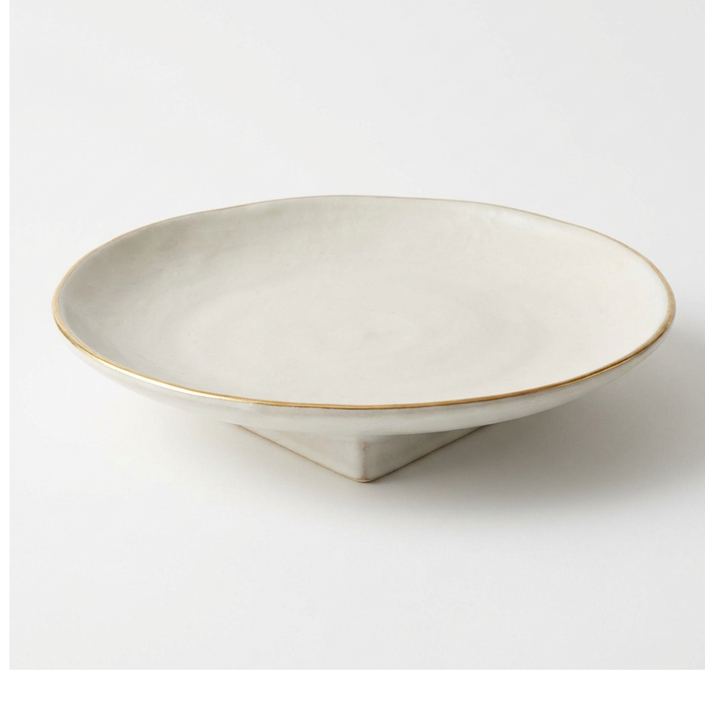 Minimalist Ceramic Serving Bowl/Plate – Matte Ivory with Gold Rim, Pedestal Fruit Bowl for Table Centerpiece