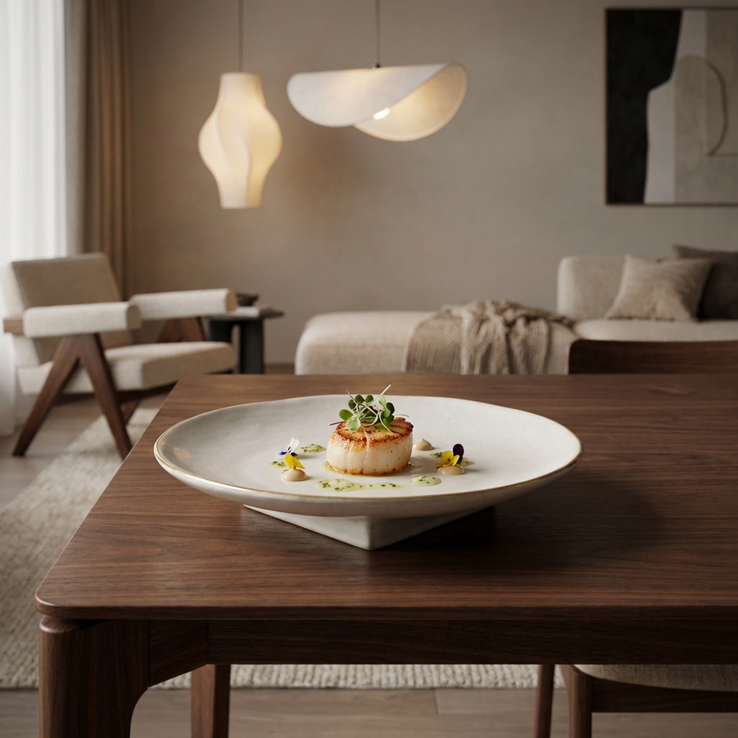 Minimalist Ceramic Serving Bowl/Plate – Matte Ivory with Gold Rim, Pedestal Fruit Bowl for Table Centerpiece