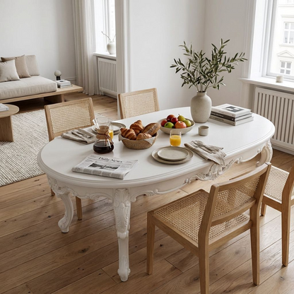 French Vintage Oval Coffee Table – Ornate Carved White Center Table with Cabriole Legs, Shabby Chic Living Room Table