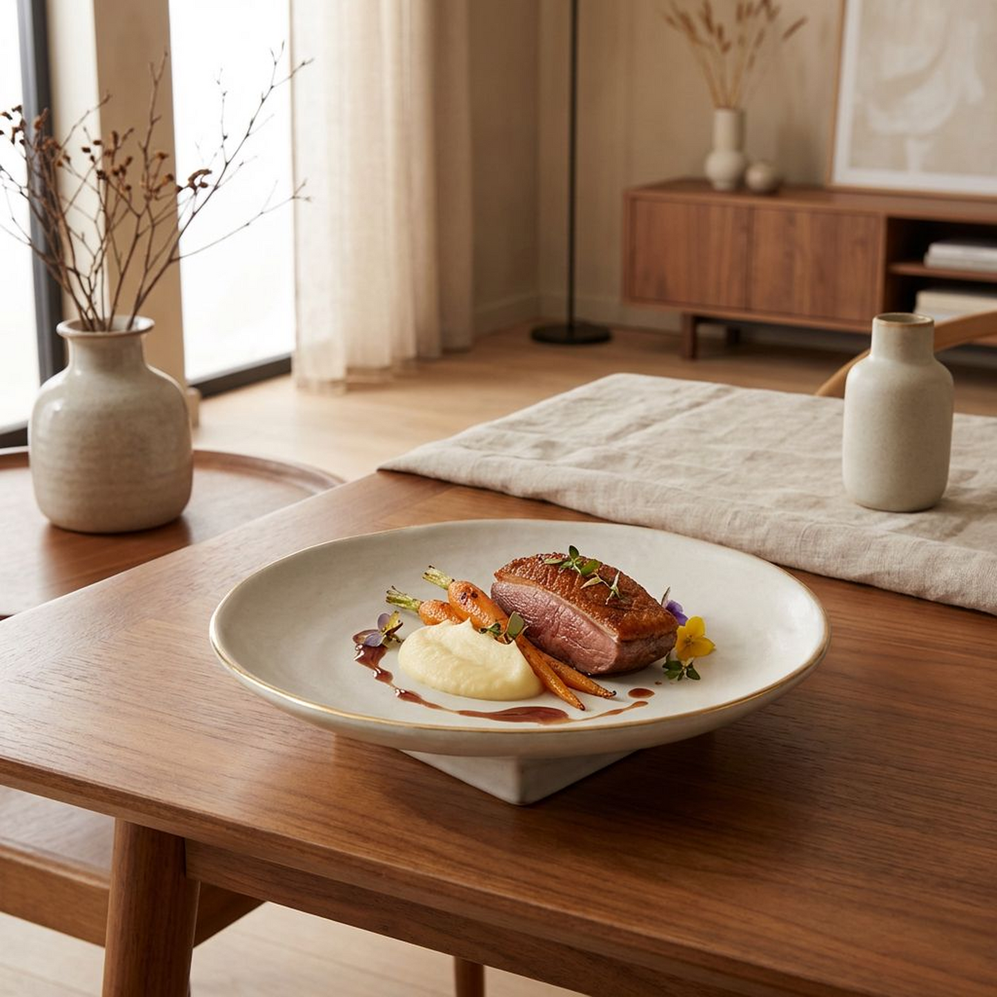 Minimalist Ceramic Serving Bowl/Plate – Matte Ivory with Gold Rim, Pedestal Fruit Bowl for Table Centerpiece