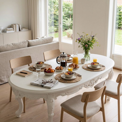 French Vintage Oval Coffee Table – Ornate Carved White Center Table with Cabriole Legs, Shabby Chic Living Room Table