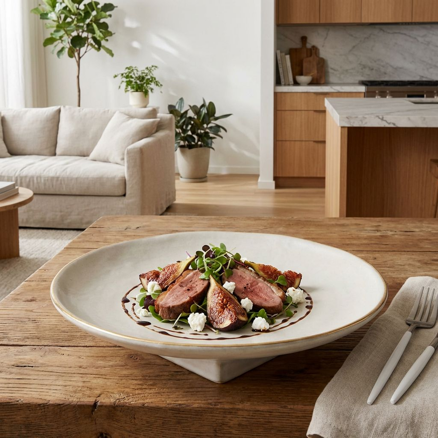 Minimalist Ceramic Serving Bowl/Plate – Matte Ivory with Gold Rim, Pedestal Fruit Bowl for Table Centerpiece