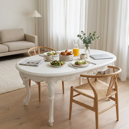 French Vintage Oval Coffee Table – Ornate Carved White Center Table with Cabriole Legs, Shabby Chic Living Room Table