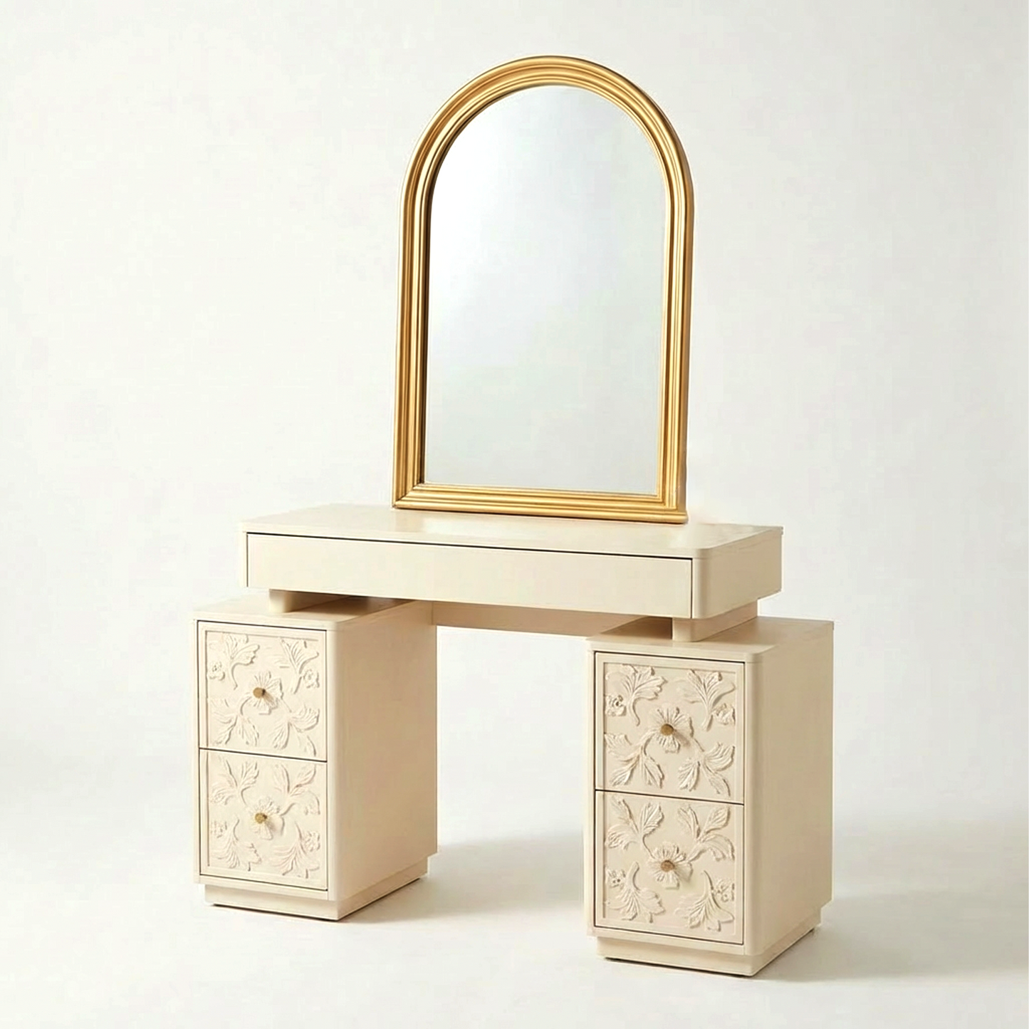 Vanity Desk with Arched Mirror – Cream White Dressing Table Set with Floral Carved Drawers, Gold Frame Makeup Vanity