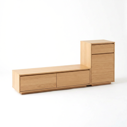 Modular Wooden TV Stand with Storage – Minimalist Low Media Console + Tall Side Cabinet, Oak Finish Entertainment Center