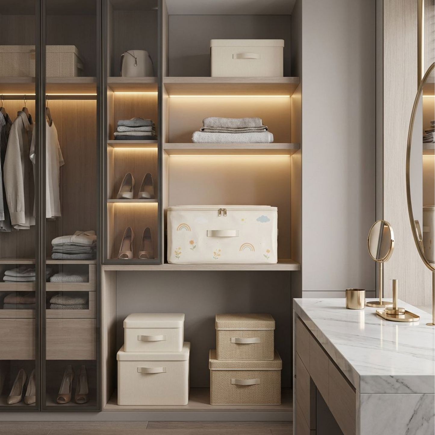 Foldable Fabric Storage Bin with Lid – Zippered Clothes &amp; Toy Organizer Box, Rainbow Print Closet Storage (Cream White)