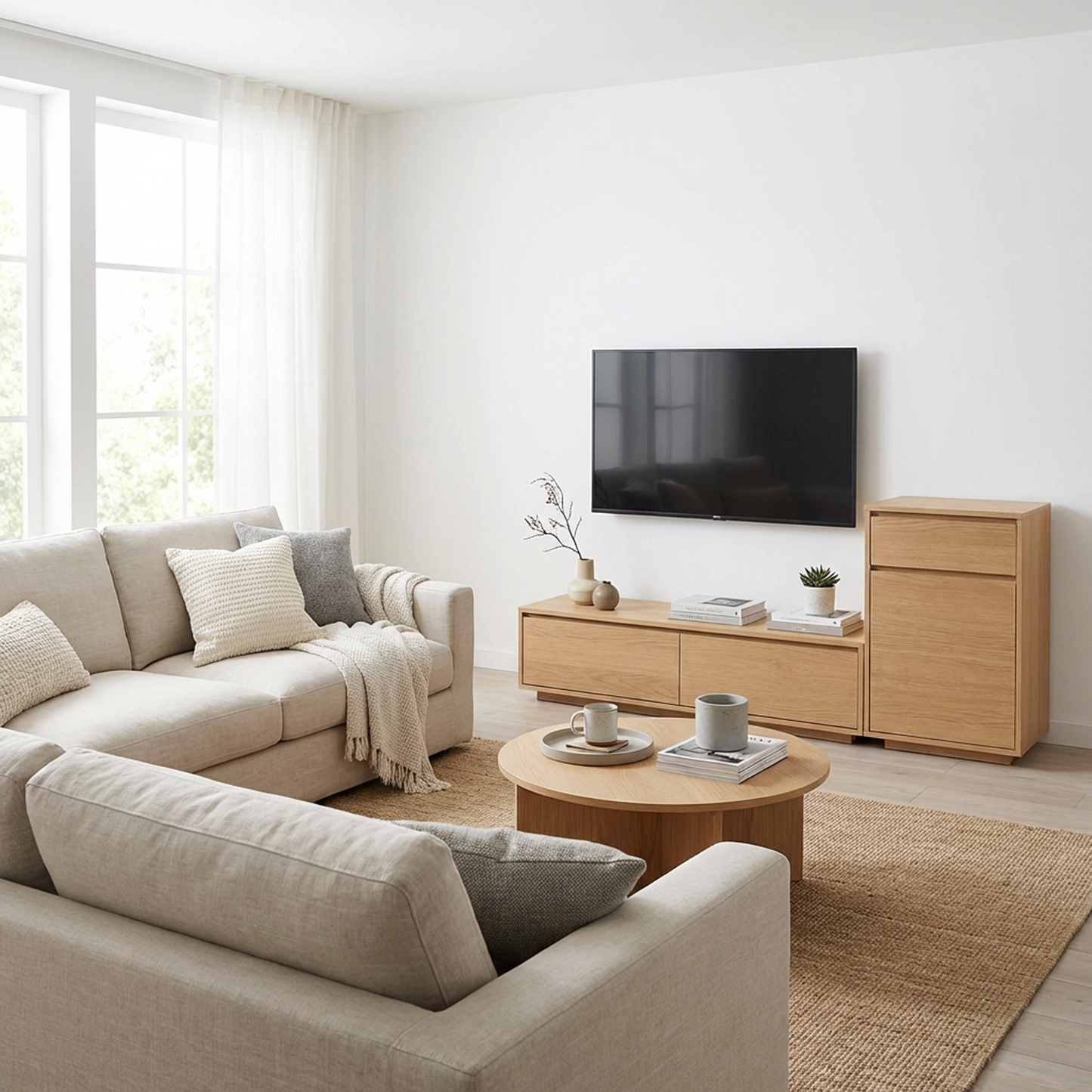 Modular Wooden TV Stand with Storage – Minimalist Low Media Console + Tall Side Cabinet, Oak Finish Entertainment Center