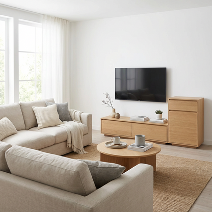 Modular Wooden TV Stand with Storage – Minimalist Low Media Console + Tall Side Cabinet, Oak Finish Entertainment Center