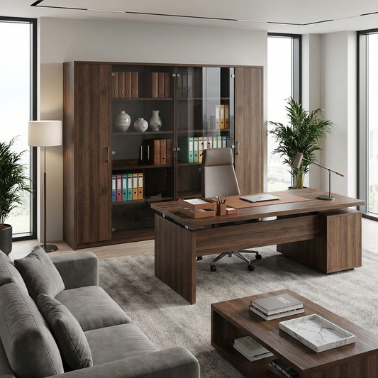 Large Wood Display Cabinet with Glass Doors – Modern Walnut Storage Cupboard with Shelves, Multi-Door Bookcase / Office Credenza