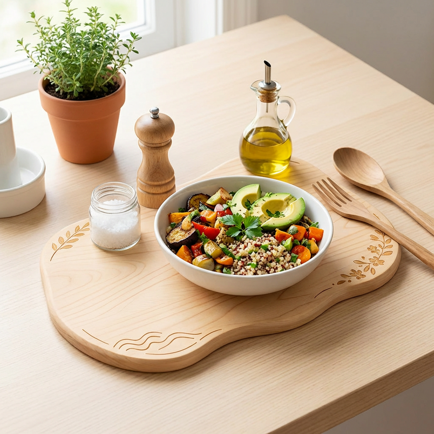 Wood Cutting Board – Irregular Organic Shape with Floral Engraving, Wooden Chopping Board &amp; Serving Board