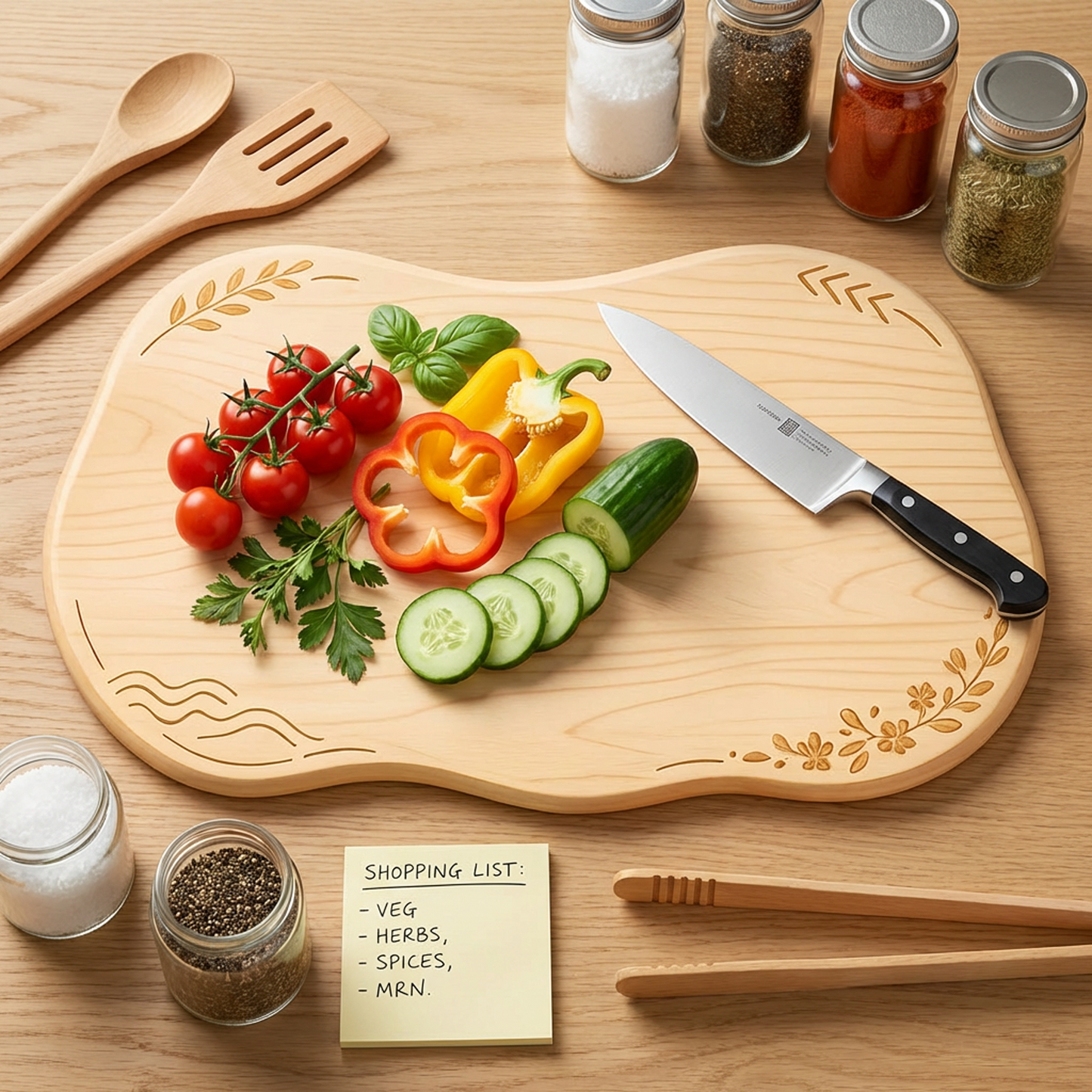 Wood Cutting Board – Irregular Organic Shape with Floral Engraving, Wooden Chopping Board &amp; Serving Board