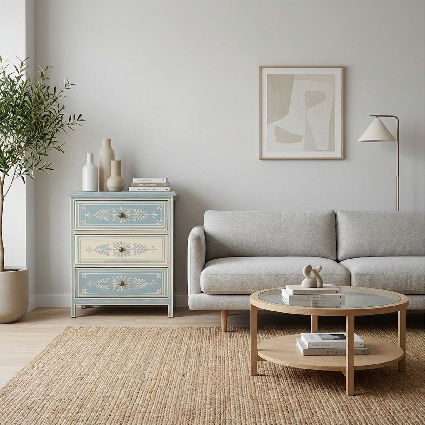 3-Drawer Nightstand – Hand-Painted Blue &amp; Cream Accent Chest with Floral Motif, Vintage French Country Bedside Table